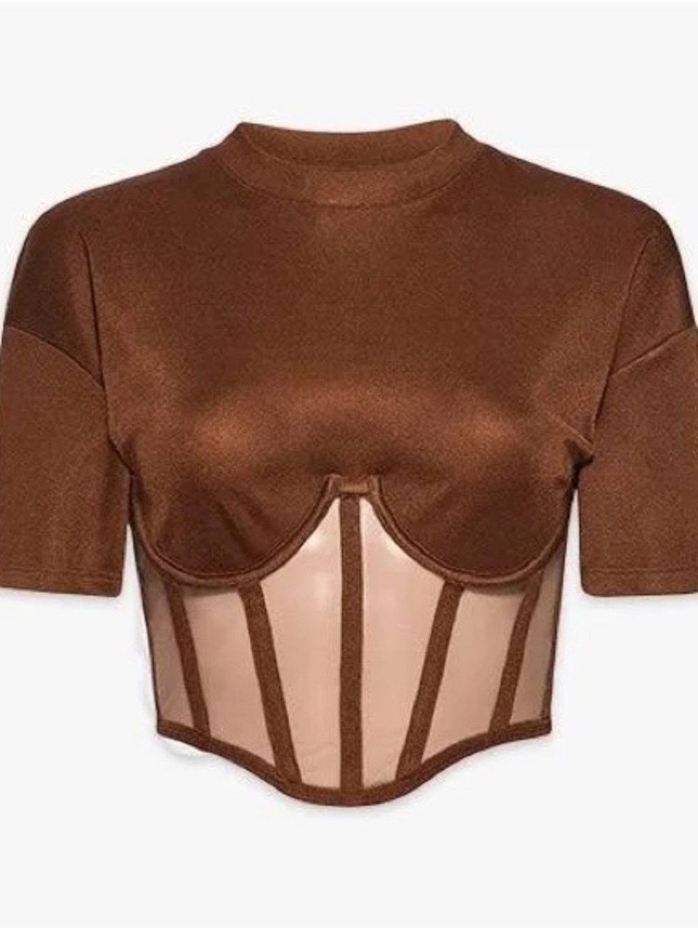 NWOT RTA Angelo Short Sleeve Corset Mesh Top Cognac Brown XS Extra Small - Picture 2 of 6